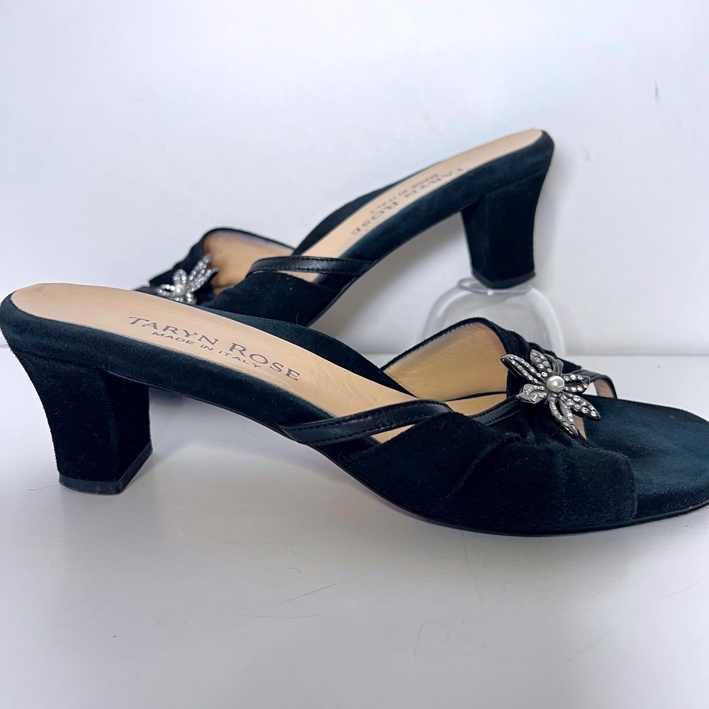 Taryn Rose Black Suede Crystal Flower Mule Sandals Made in Italy Size 39 - Picture 3 of 9